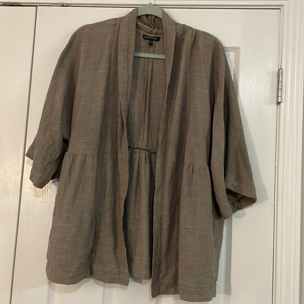 Eileen Fisher Linen Blend Open Front Cardigan Brown Size L. Half sleeve